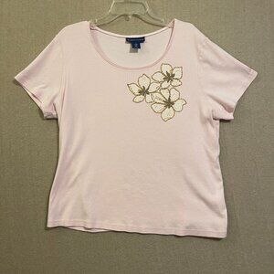 Karen Scott Top Women's XL Pink Pullover Short Sleeves Beaded Flowers